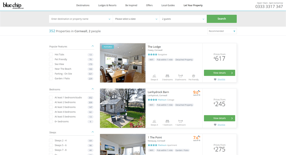 Blue Chip Holidays search results page