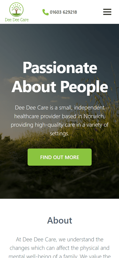 Dee Dee Care website home page (mobile)